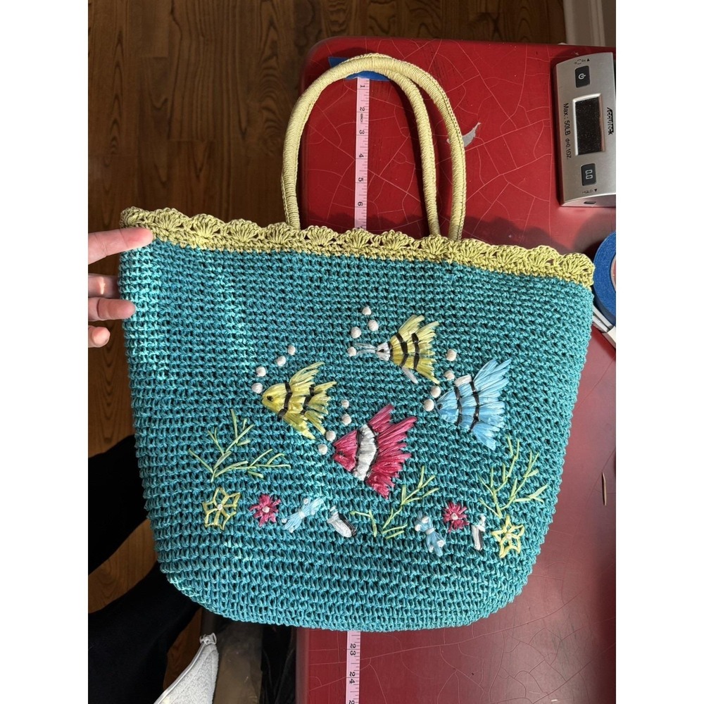 Vintage Tropical Fish Embroidered Crochet Straw Tote Bag Blue Summer Vacation - Picture 10 of 14